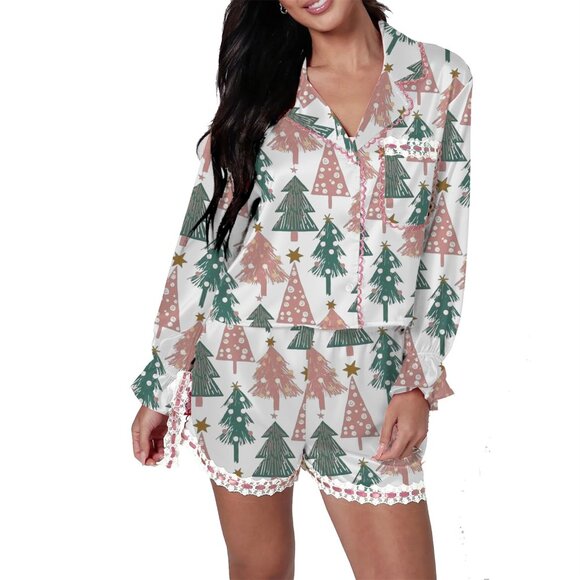 Satin Silk Pajama Set Elegant Bow Tie Long Sleeve Top Chic Sleepwear